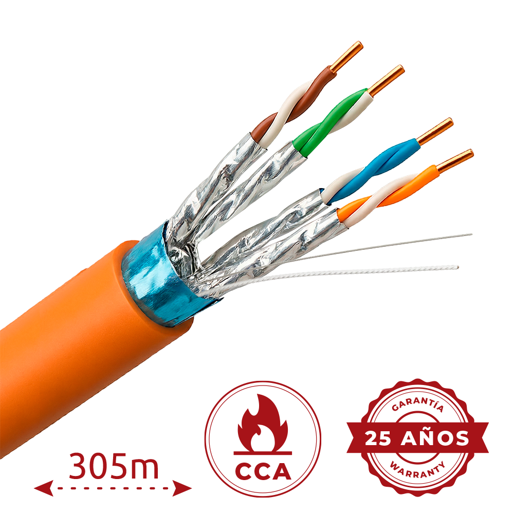 UV-FTP6A-300-BC23AWG-DCA-R-O Cat6A S/FTP 305 m Diamètre 23 AWG Certifié CPR Dca LSZH / Orange