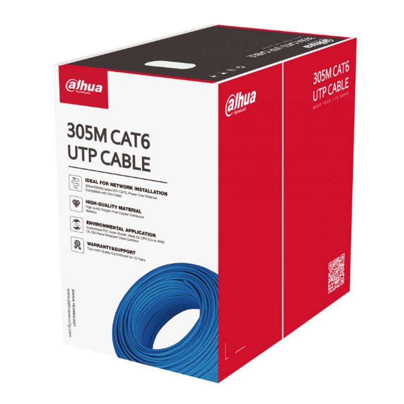 Dahua PFM923I-6UN-C 305m UTP CAT6 LSZH - Hoogzuiver koper; Halogeenvrij Gecertificeerde vlamvertrager klasse CE CPR Eca - Blauwe PVC-hoes
