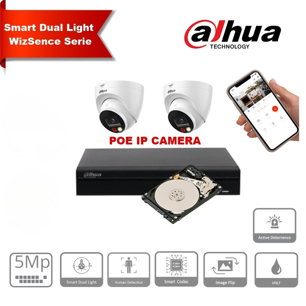 Dahua AI-WizSense IP Video Surveillance Kit – Up to 8x 5MP Turret Cameras (IPC-HDW2549-S-PV-2.8mm, White, Smart Dual Illumination, Sound and Light Alarm) + 8-Channel WizSense PoE NVR – Pre-installed 4TB Hard Drive.