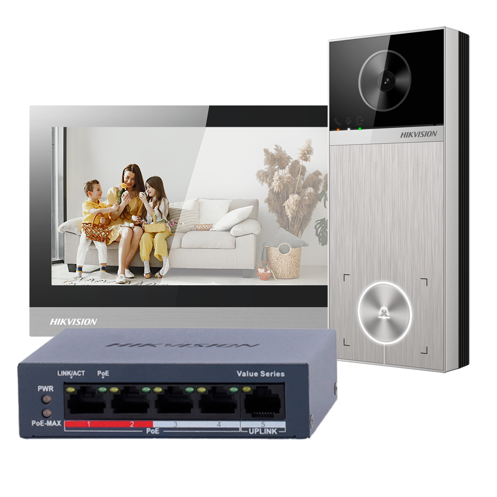 Hikvision DS-KIS613-S IP kit IP-PoE video intercom kit, 1x call button, surface mount, 7-inch Wi-Fi touchscreen monitor + 5-port PoE switch