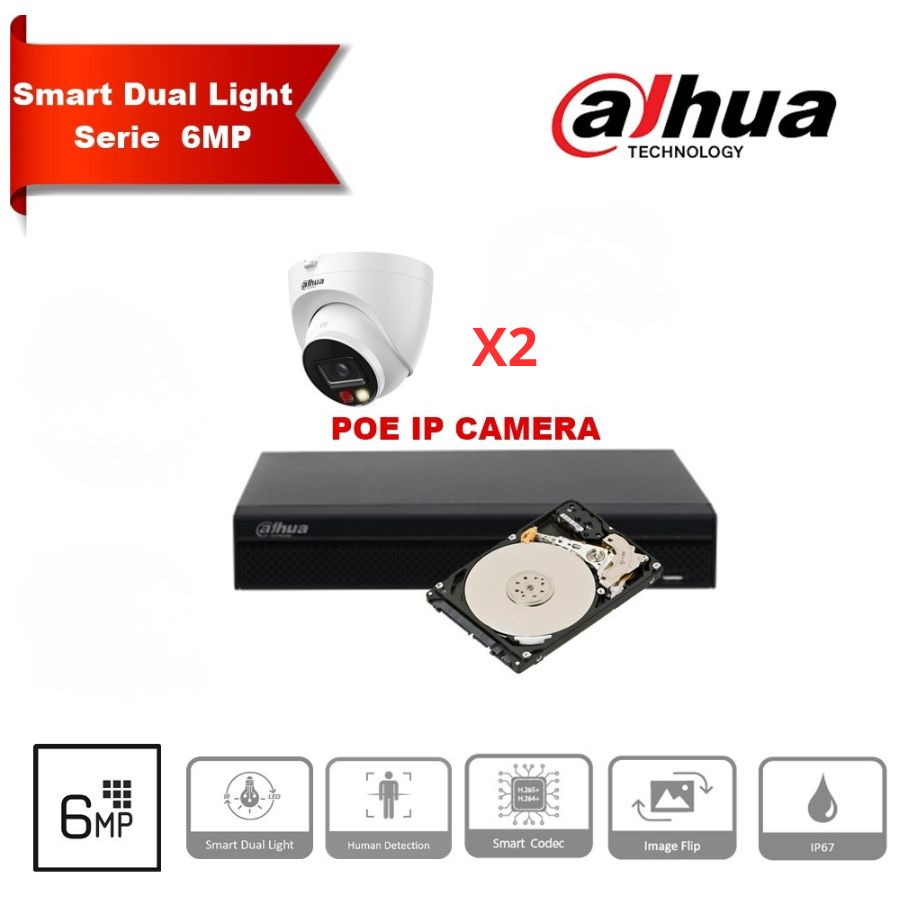 Kit Dahua 6MP IP – Jusqu'à 8x caméras tourelles DH-IPC-HDW1639T-A-IL, double éclairage intelligent, 2,8 mm, IP67 + NVR PoE 8 canaux + HDD 2 To