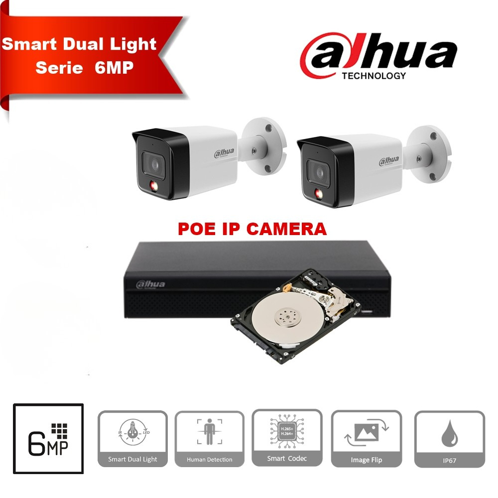 Dahua bewakingscameraset IP 6MP - 2x/3x/4x/5x/6x/7x/8x bulletcamera 2,8 mm dubbele lichtbron IP 67+ NVR PoE NVR2108HS-P-4KS2 8-kanaals - 4TB harde schijf. Voorgeïnstalleerd