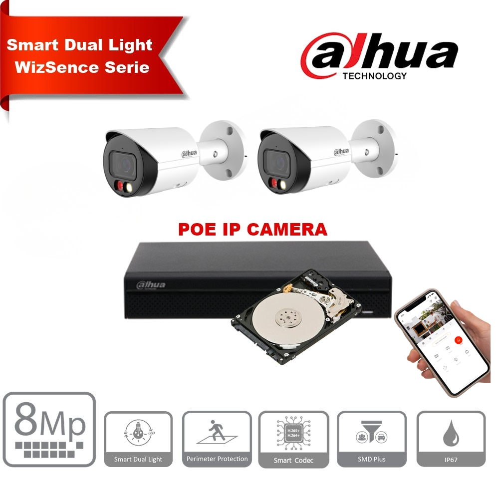 Kit de camera IP Dahua WizSense 8 MP 4K – With 8 cameras IP Bullet, NVR PoE 8 channels and disk of 6 To