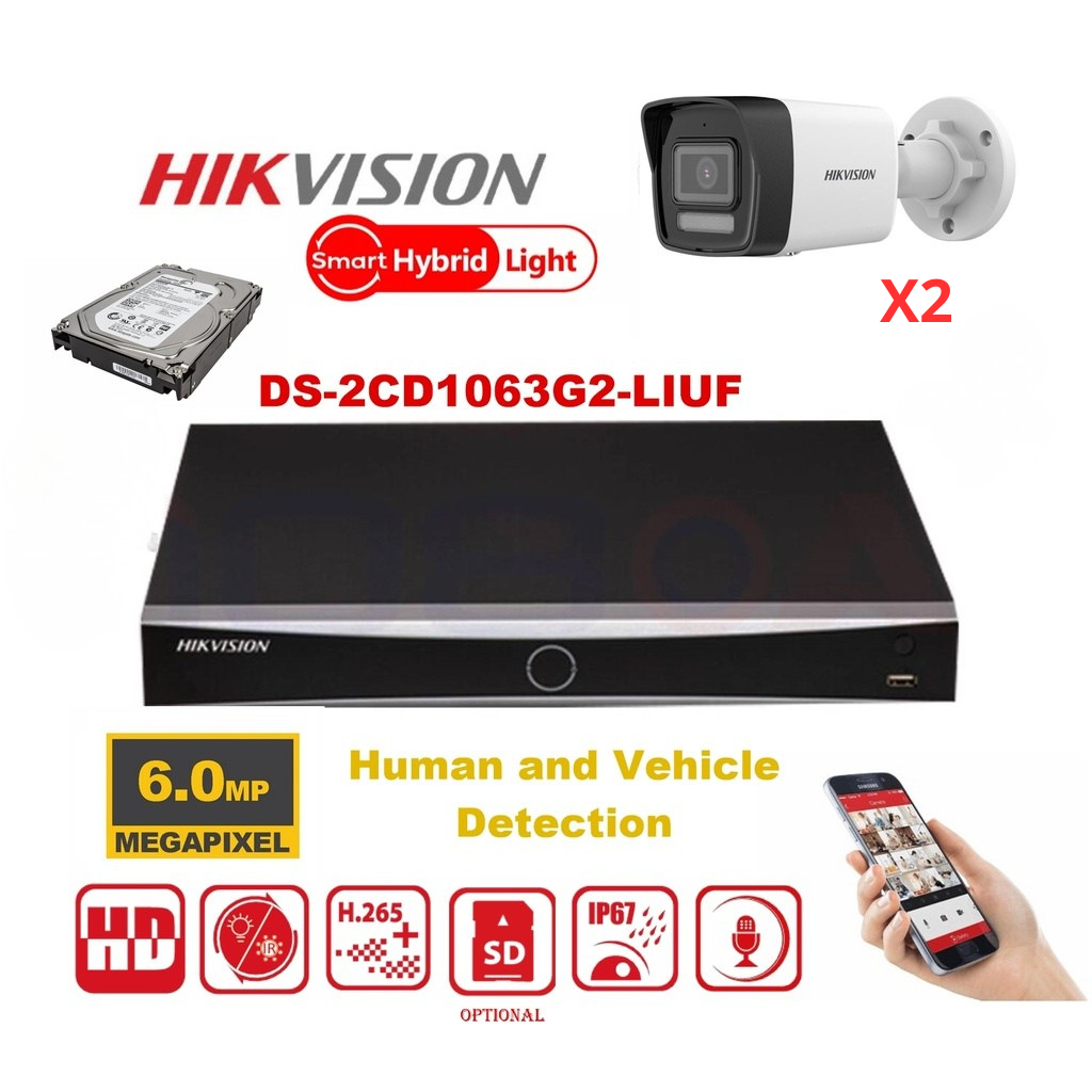 HIKVISION 6MP Surveillance Camera Kit – Up to 4x 6MP Dual-Light Bullet Cameras (DS-2CD1063G2-LIUF) – Lite Series 4-Channel PoE NVR – Pre-installed 2TB Hard Drive