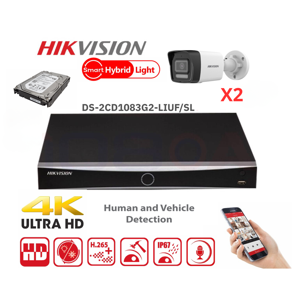 HIKVISION Surveillance Camera Set 4x Chanel 8MP Value G2 Serie -   2/3/4x IP Camera Bullet 8MP -   NVR 4xChannel POE Acusense- Hard Disk 4Tb Preinstalled