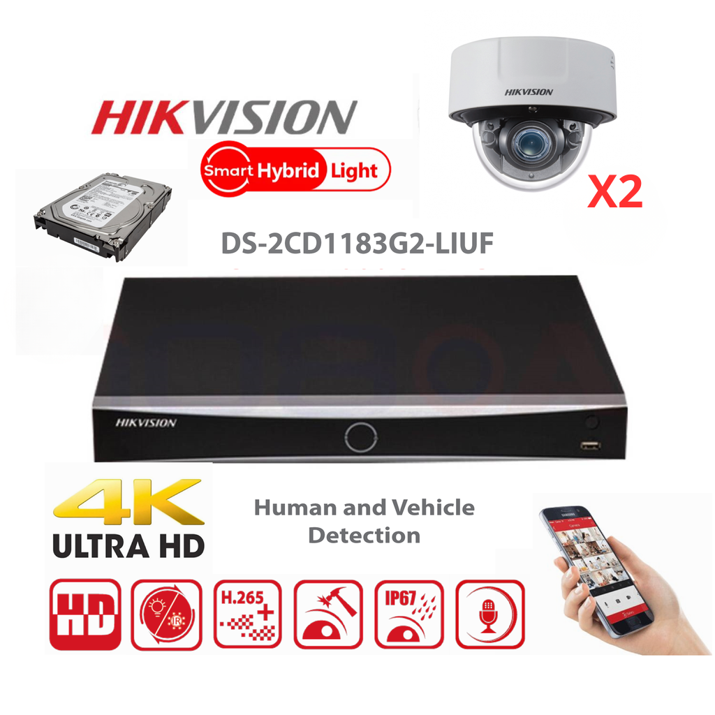 HIKVISION Surveillance Camera Kit – Up to 4x 8MP Dual Light Dome Cameras (DS-2CD1183G2-LIUF) 8MP Dual Light MD2.0 Serie – 4-Channel AcuSense PoE NVR – Pre-installed 4TB Hard Drive