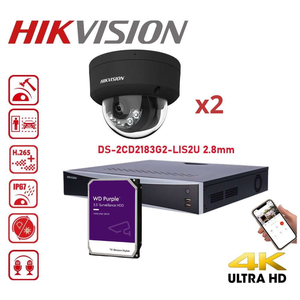 HIKVISION Acusense Surveillance Camera Set (up to 8 cameras) - Intelligent Hybrid Lighting - 4K 8MP IP Dome Camera with Dual Microphone - Acusense NXI Series 8-Channel NVR with PoE (up to 8 IP cameras) - Pre-installed 4TB  Hard Drive