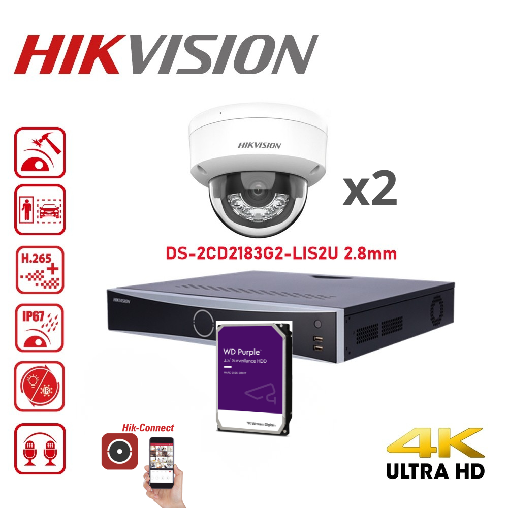 HIKVISION Acusense Surveillance Camera Set (up to 8 cameras) - Intelligent Hybrid Lighting - 4K 8MP IP Dome Camera White with Dual Microphone - Acusense NXI Series 8-Channel NVR with PoE (up to 8 IP cameras) - Pre-installed 4TB Hard Drive