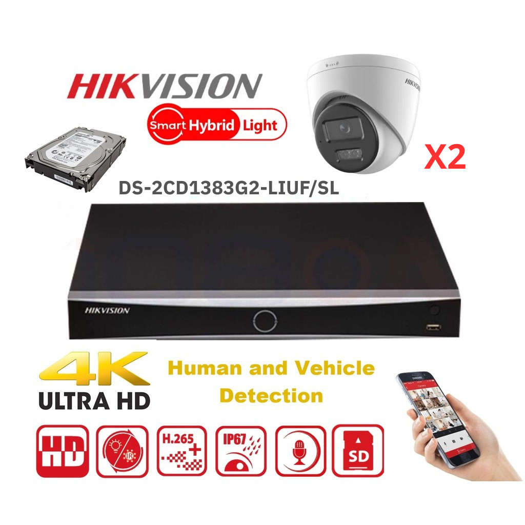 HIKVISION Surveillance Camera Set 8x Chanel 8MP Value G2 Serie Dual Light MD2.0 -   2/3/4/5/6/7/8X IP Camera Turret 8MP -   NVR 8xChannel POE Acusense- Hard Disk 4/6Tb Preinstalled