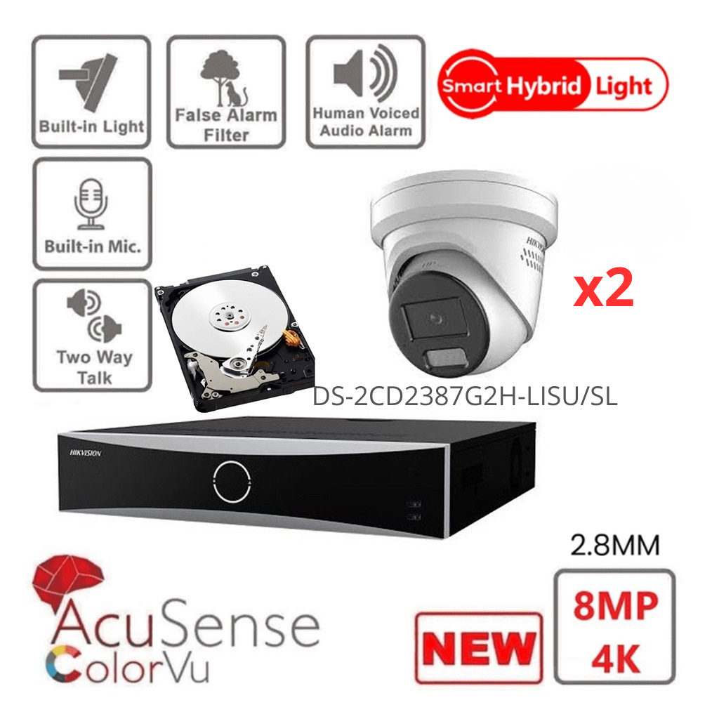 HIKVISION Bewakingscameraset Acusense 4K/8MP - 2x/3x/4x/5x/6x/7x/8x IP 4K-8MP Turret Bewakingscameraset met Actieve Stroboscoop en Audioalarm - Acusense NXI Serie 8-kanaals NVR met PoE - 2x SATA - 4TB of 6TB harde schijf, uitbreidbaar tot 8 IP-camera's