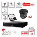 HIKVISION Surveillance IP Camera Set Acusense 4K/8MP  2x/3x/4x/5x/6x/7x/8x Black Turret Cameras  - Intelligent Hybrid Lighting with ColorVu - 4K-8MP Active Strobe Light and Audio Alarm - Acusense NXI Series 8x Channel NVR with PoE - 2x SATA - 4TB or 6TB Hard Drive (expandable  to 8x IP Cameras)