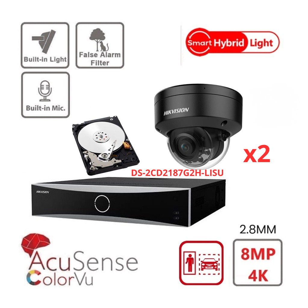 Kit de caméras IP de surveillance HIKVISION Acusense 4K/8MP - 2/3/4/5/6/7/8 caméras dôme IP 4K-8MP noires avec microphone intégré - NVR Acusense série NXI 8 canaux avec PoE - 2 ports SATA - Disque dur 4 To ou 6 To extensible jusqu'à 8 caméras IP