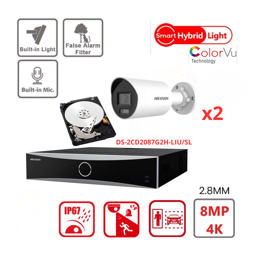 Kit de caméras de surveillance HIKVISION Acusense 4K/8MP - Éclairage hybride intelligent avec ColorVu - 2/3/4/5/6/7/8 caméras IP Bullet 4K-8MP avec stroboscope actif et alarme sonore - NVR Acusense série NXI 8 canaux avec PoE - 2 ports SATA - Disque dur de 4 ou 6 To extensible jusqu'à 8 caméras IP