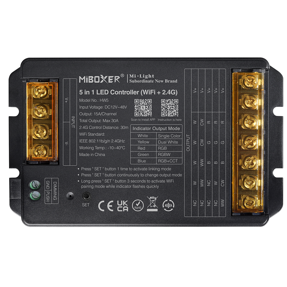Mibox HW5 5 in 1 RGB+CCT LED Controller (WiFi+2.4G) Max Output 30A DC12~48V 15A/Max Channel Output 30A