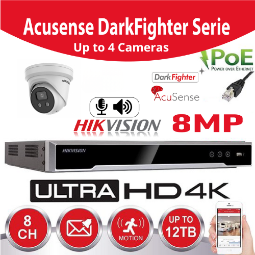 HIKVISION AcuSense 8MP IR IP Surveillance Camera Kit - up to 4x DS-2CD2386G2-IU IP Turret Cameras (Audio, 2.8mm) - 4-Channel PoE NVR - Pre-installed 2TB Hard Drive