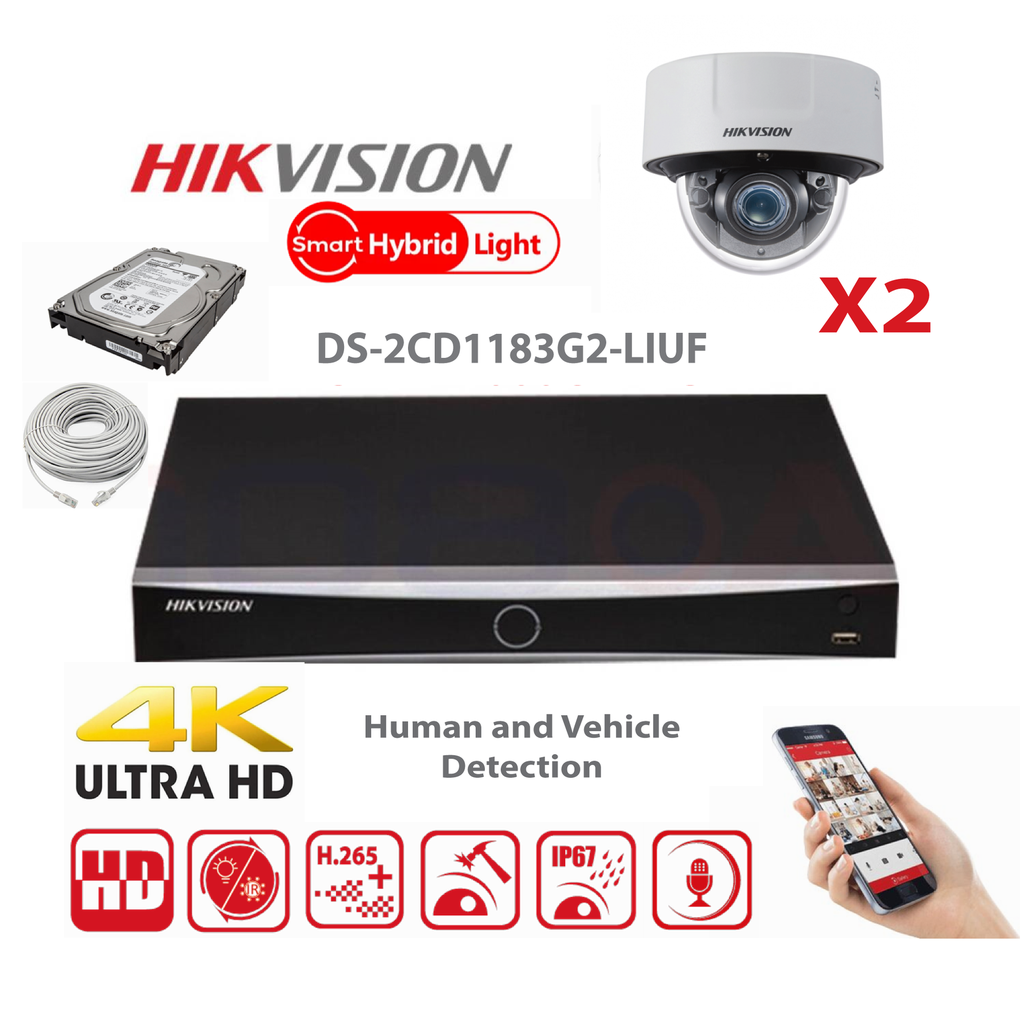 HIKVISION Surveillance Camera Kit – Up to 4x Dome Cameras (DS-2CD1183G2-LIUF) 8MP Dual Light – Lite Series NVR – 4-Channel PoE NVR – Pre-installed 2TB Hard Drive