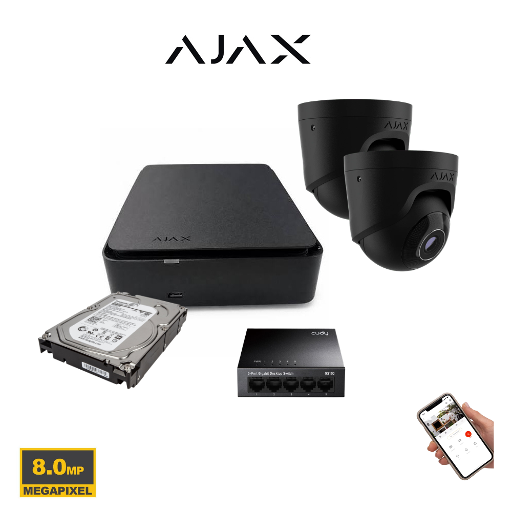 Kit AJAX Vidéosurveillance 8MP  Jusqu'à 8 Caméras Turret Dual Light + NVR PoE 8CH + HDD 4 To