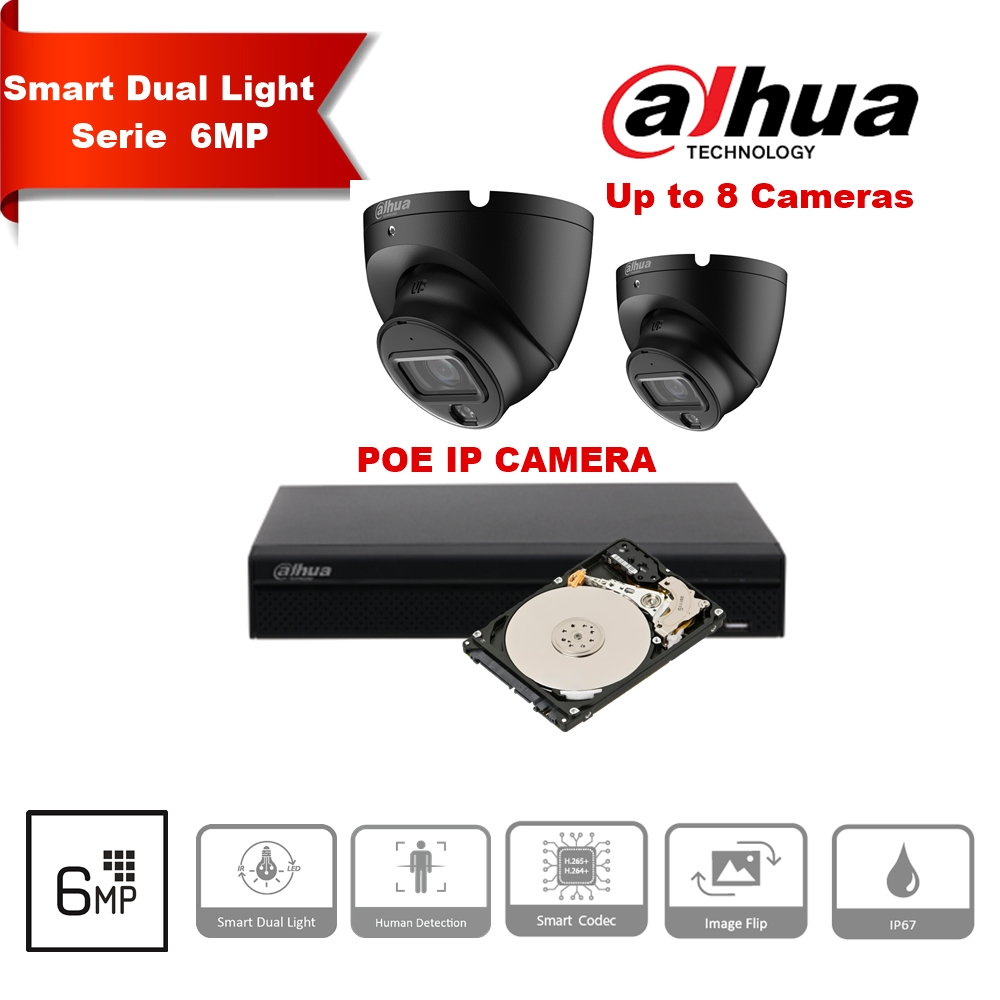 Dahua 6MP Turret IP Camera Kit – Black – Up to 8 × DH-IPC-HDW1639T-A-IL + 8-Channel PoE NVR + 2TB HDD