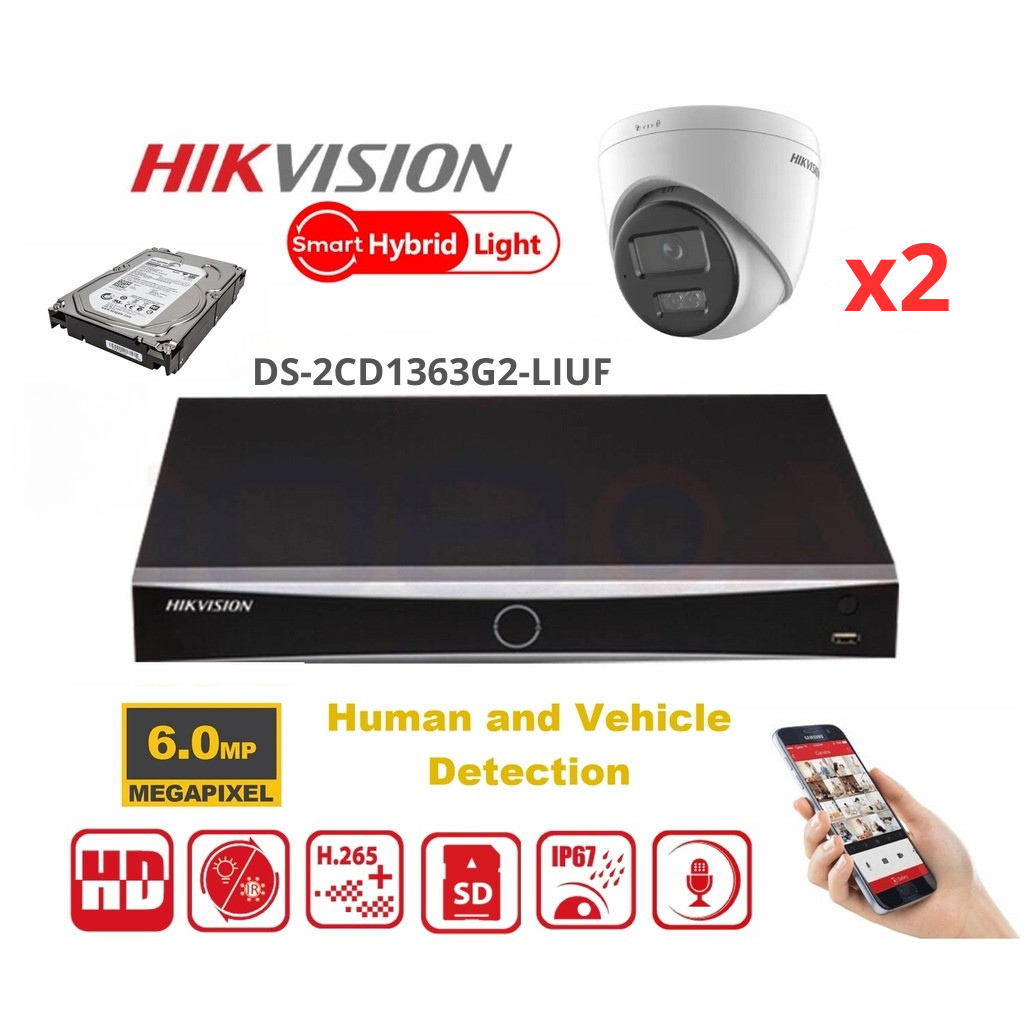 HIKVISION 6MP-bewakingscameraset – Tot 4x 6MP Dual-Light Turret-IP-camera  (DS-2CD1363G2-LIUF) – Lite-serie 4-kanaals PoE-NVR – Vooraf geïnstalleerde 2TB-harde schijf
