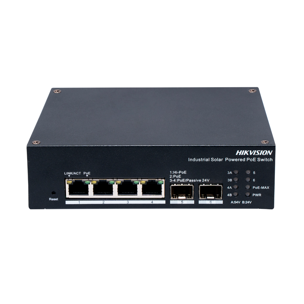 Hikvision DS-3T1506HP-EI-UPS industriële PoE-switch voor zonne-installaties – 4 Gigabit PoE-poorten + 2 SFP-poorten