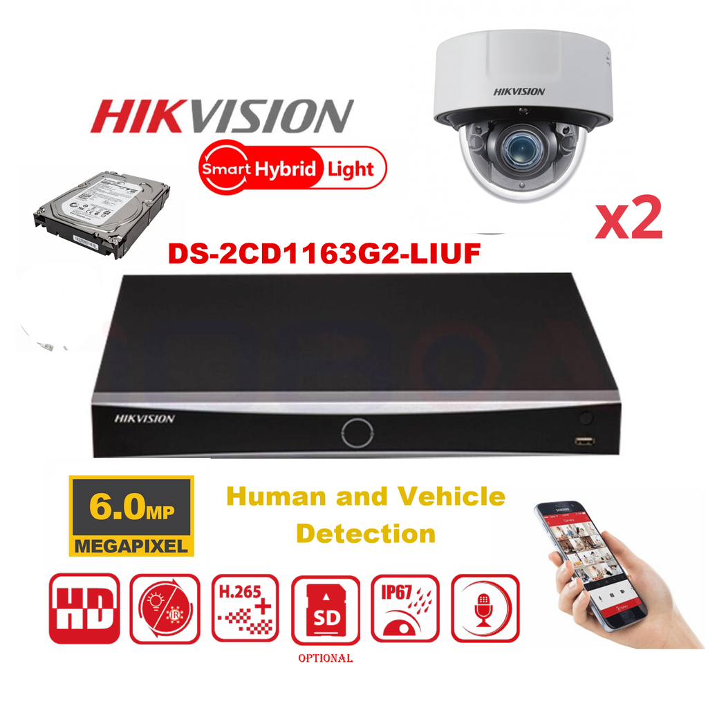 HIKVISION 6MP Surveillance Camera Kit – Up to 4x 6MP Dual-Light Dome IP camera  (DS-2CD1163G2-LIUF) – Lite Series 4-Channel PoE NVR – Pre-installed 2TB Hard Drive