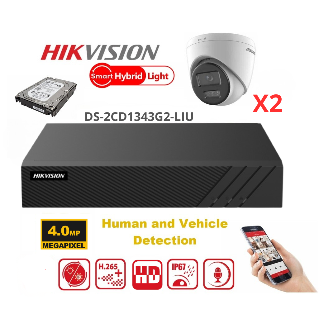 HIKVISION 4MP Surveillance Camera Kit - Dual-Light Turret IP Camera (DS-2CD1343G2-LIU) - 4-Channel Lite Series PoE-NVR - Pre-installed 2TB Hard Drive