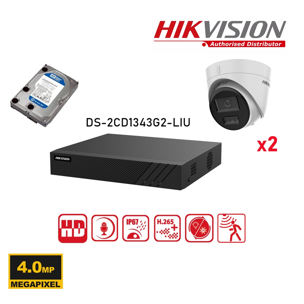 HIKVISION 4MP bewakingscamerakit - 2/3/4 Dual Lighting Turret IP-camera (DS-2CD1343G2-LIUF) - Lite-serie 4-kanaals PoE-NVR - 2TB harde schijf voorgeïnstalleerd