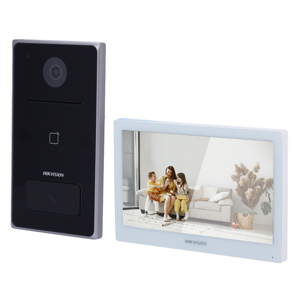 Hikvision DS-KIS608-S IP kit IP-PoE video intercom kit, 1x call button, surface mount, 7-inch Wi-Fi touchscreen monitor + 4-port PoE switch