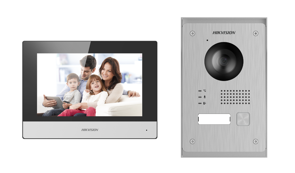 Hikvision DS-KIS703-P 2-Wires IP video intercom kit 1x belknop Opbouw/inbouw - 7Inch Touch WIFI Monitor