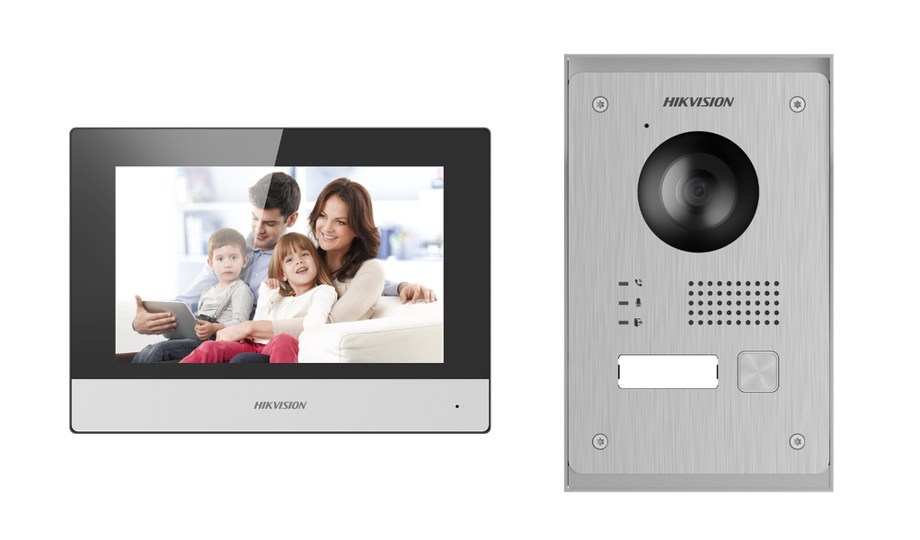 Hikvision DS-KIS703Y-P 2-draads IP-video-intercomset 1x oproepknop Opbouw-/inbouwmontage - 7 inch touchscreen WIFI-monitor