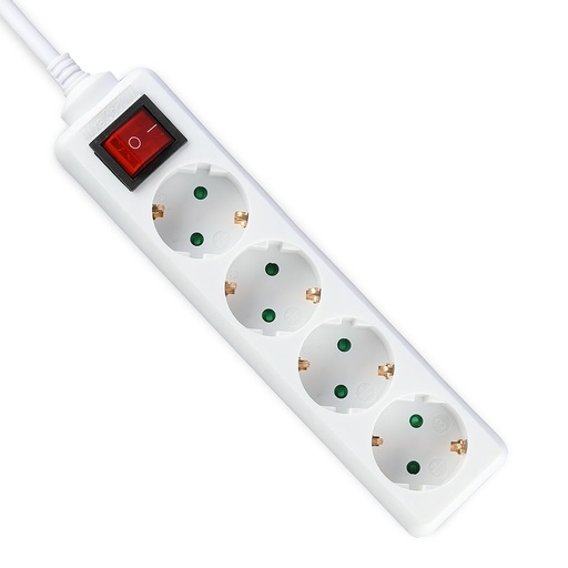 [8827] Prise 4 voies avec interrupteur (3G1,5 mm² x 5 m) VT-1174-4, emballée dans un sachet en polyéthylène avec carte, blanche