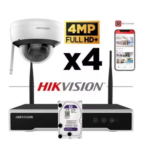 [KIT-IPHIK-WIFI4D2TB] HIKVISION Wi-Fi IP Kit 4 Dome Camera's 4MP 2.8mm IR 30m + 1 NVR Wi-Fi 4 Kanalen + 1 Harde Schijf 2 TB