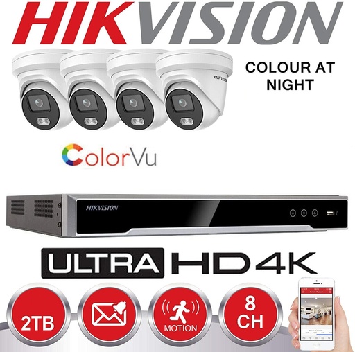[IPSET-HK-CV4M-4T] Kit de Surveillance IP HIKVISION 4x Caméras IP Colorvu G1 Pro Serie 4 MP Objectif Fixe  IR 30M + NVR HIKVISION 8 Ch - Disque dur Préinstallé 2To