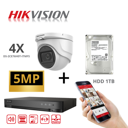[TVIKIT5M-T4] HIKVISION Set Camera CCTV Turbo-HD 5 MP AUDIO DVR 4 Kanaals - 4x 5MP Audio Turret Camera Binnen/Buiten 1TB HDD