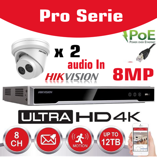 [IPSET-HK-LT8M-2T] Hikvision IP-Kit 2x 8MP IR Camera / Essential Series - 2x DS-2CD2383G0-IU Standard 20m IR Audio Turret Camera - DS-7604NI-Q1/4P 4-channel NVR recorder - 2 TB Hard Drive installed -