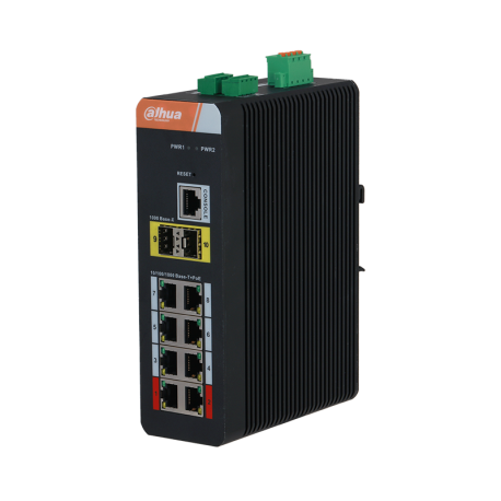 [PFS4210-8GT-DP] Dahua PFS4210-8GT-DP Switch industriel gérable PoE (L2) avec 8 ports Gigabit + 2 ports Gigabit SFP (anneau). 6KV résistant à la foudre. 48 V ~ 57 V CC. Rail DIN.