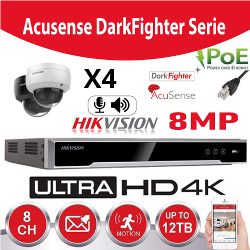 Hikvision IP-Kit Accusense G2  4 x DS-2CD2186G2-I 8MP Darkfighter / Acusense  Dome Camera -  enregistreur NVR 8channel DS-7608NI-K2/8P - Disque Dur 4Tb Preinstallé