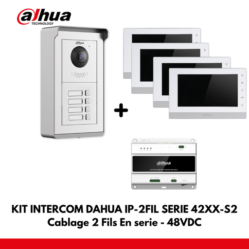Dahua Appartement Set 4x IP Interface Knoppen - 2 Draden - 48VDC + 4x 7&quot; Kleurenmonitor - Seriële Bekabeling