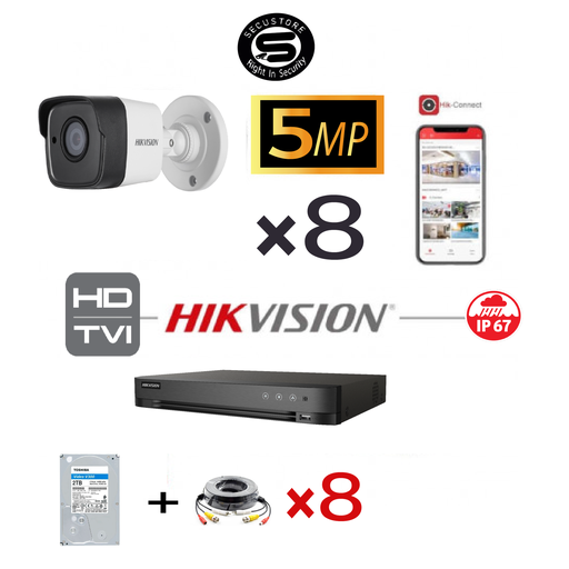 [TVIKIT5MP-D8X-2TB] HIKVISION Set 8x Camera Turbo-HD 5 MP DVR 8 Channel - 8x 5MP Dome Camera Indoor/Outdoor 2TB HDD