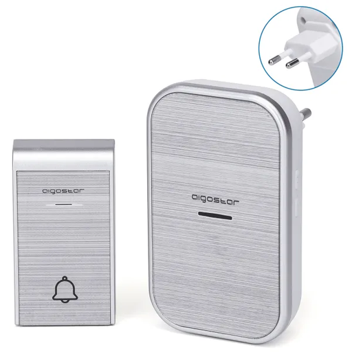 [B20105QEZ] Aigostar - Sonnette sans fil AC Silver et récepteur enfichable, 36 sonneries, 3 niveaux de volume, portée 150 m - IP44, 1 émetteur et 1 récepteur enfichable