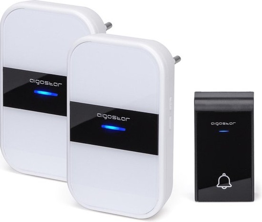 [U5D-N12*2] Aigostar - Wireless Doorbell and 2x Plug-in Receiver, 36 Ringtones 3 Volume Levels 150m Range - IP44, Black/White