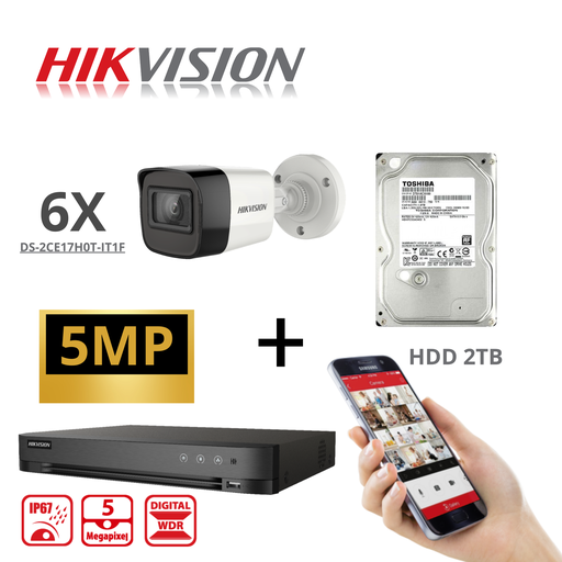 [TVIKIT5M-B6] HIKVISION Set Turbo-HD 5 MP 6x Camera - DVR 8 Channel - 6x 5MP Bullet Camera Indoor/Outdoor 2TB HDD