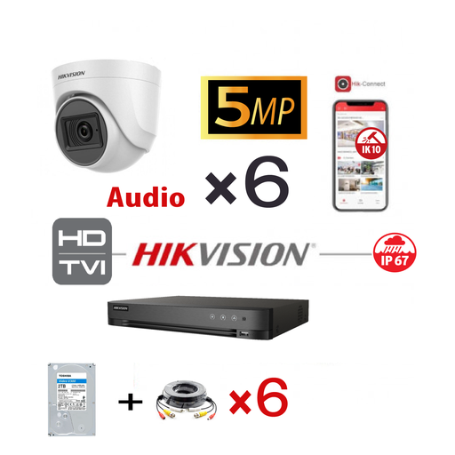 [TVIKIT5M-T6] HIKVISION Turbo-HD 5 MP DVR 8CH HD Kit  - 6x 5MP White  Audio Turret Camera - 2TB HDD