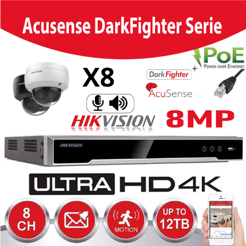 Hikvision IP-Kit Accusense G2  8 x DS-2CD2186G2-I 8MP Darkfighter / Acusense  Dome Camera -  enregistreur NVR 8channel DS-7608NI-K2/8P - Disque Dur 6Tb Preinstallé