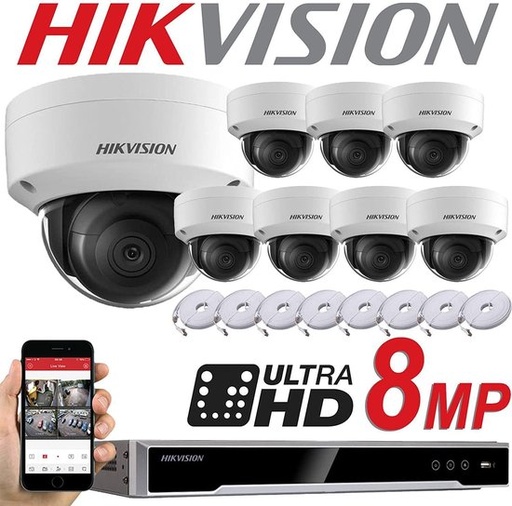 [IPSET-HK-DF8M-8D] Hikvision IP-Kit 8x Camera 8MP Darkfighter/ Essential Serie DS-2CD2185FWD-I (S) 2.8mm 30m - recorder NVR DS-7608NI-Q1/8P 8channel - 6TB Hard Disk installed