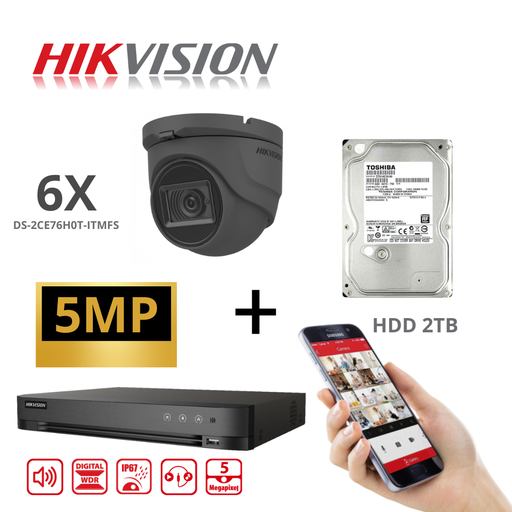 [TVIKIT5M-T6-BK] HIKVISION Turbo-HD 5 MP DVR 8CH HD Kit  - 6x 5MP Black Audio Turret Camera - 2TB HDD