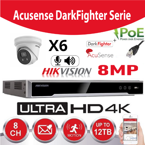 [IPDF-8M-6T] Hikvision Kit IP-Acusense Série G2 6x DS-2CD2386G2-IU - Tourelle 2,8 mm 8 mégapixels (4K) avec microphone intégré et enregistreur NVR 8 canaux DS-7608NXI-K1/8P - Disque dur 4 To