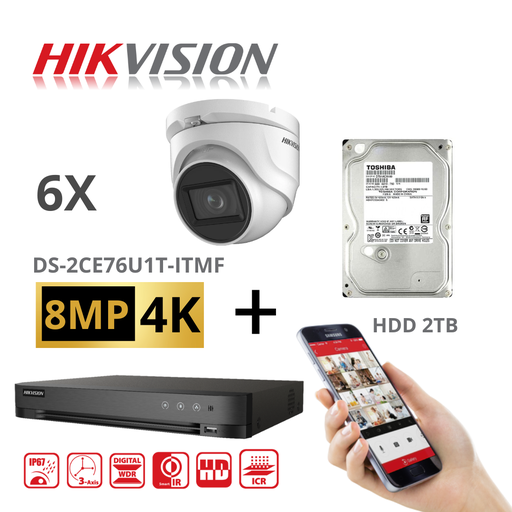 [TVIKIT8M-T6] HIKVISION Turbo-HD 6xCamera 8MP-4K DVR 8CH HD Kit  - 6x 8MP White Turret Camera Indoor/Outdoor- 4TB HDD