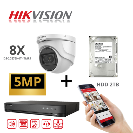 [TVIKIT5M-T8] HIKVISION Set 8x Camera Turbo-HD 5 MP AUDIO DVR 8 Channel - 8x 5MP Audio Turret Camera Indoor/Outdoor 2TB HDD