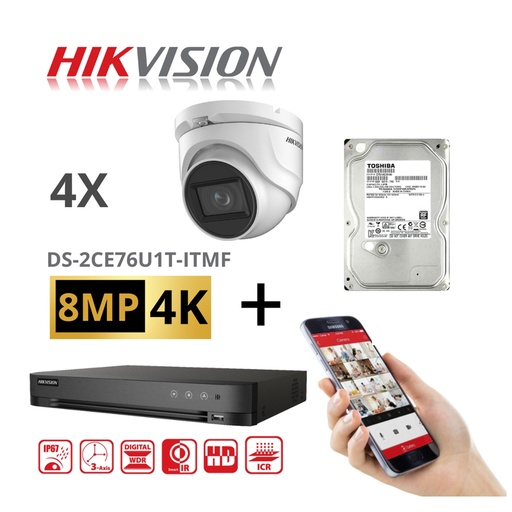 [TVIKIT8M-T4] HIKVISION Set 8MP-4K Turbo-HD 4x 8MP Turret Camera Indoor/Outdoor - DVR 8 Channel -   4TB HDD